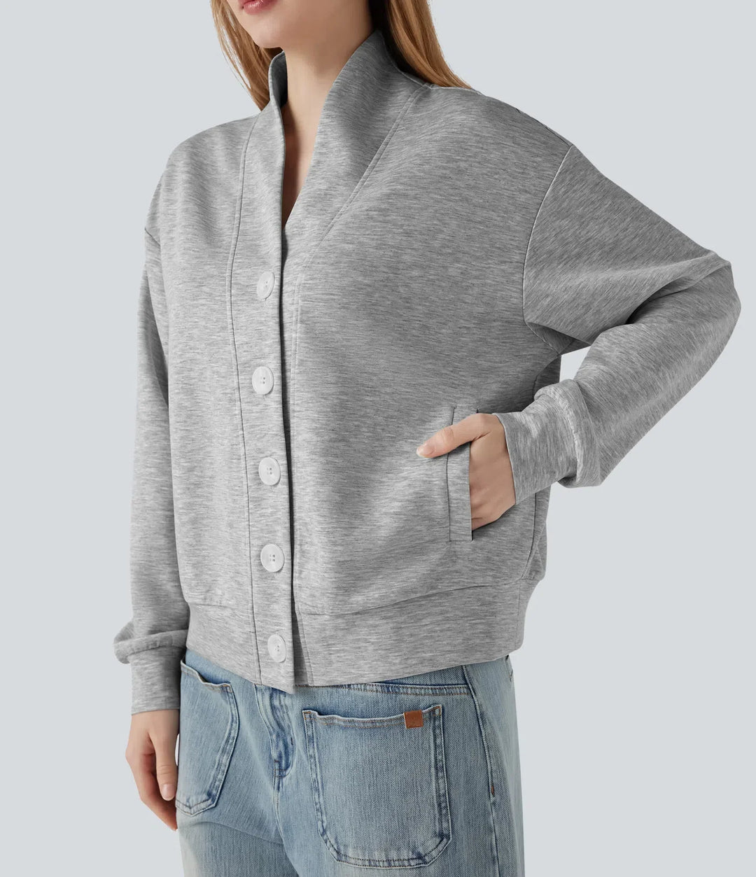 V-ringad långärmad knapp gylf vardaglig sweatshirt med fickor