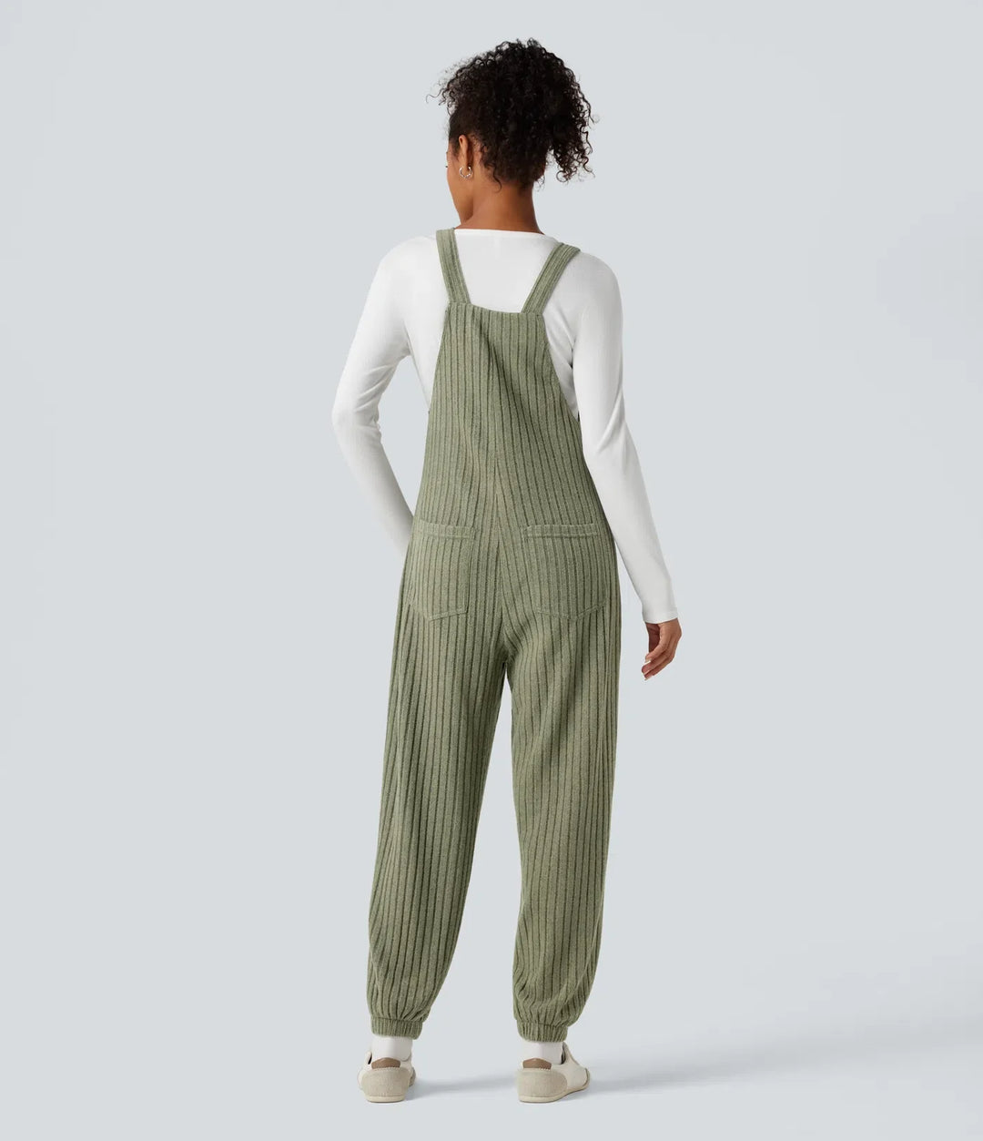Ribbstickad justerbara axelband vardaglig joggers overall med fickor