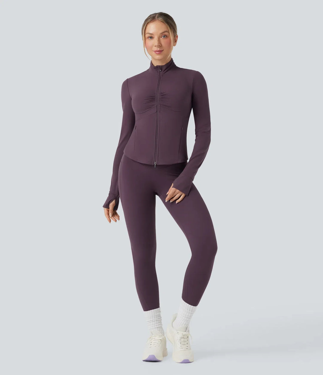 Lyckera UltraSculpt halvpolo rynkat push-upp långärmad tumhål yogajacka med fickor