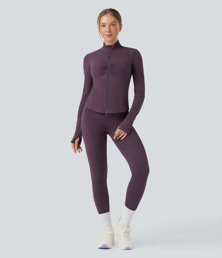 Lyckera UltraSculpt halvpolo rynkat push-upp långärmad tumhål yogajacka med fickor