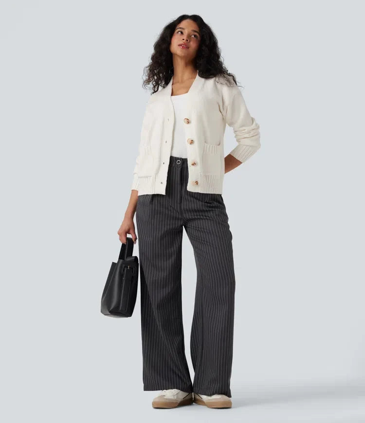 V-ringad långärmad arbetscardigan med fickor