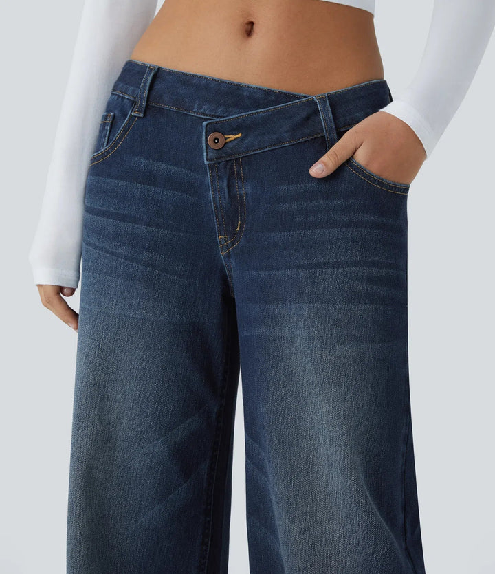 Lyckera Flex asymmetrisk låg midja dragkedja fickor baggy vida ben tvättad vardagsjeans