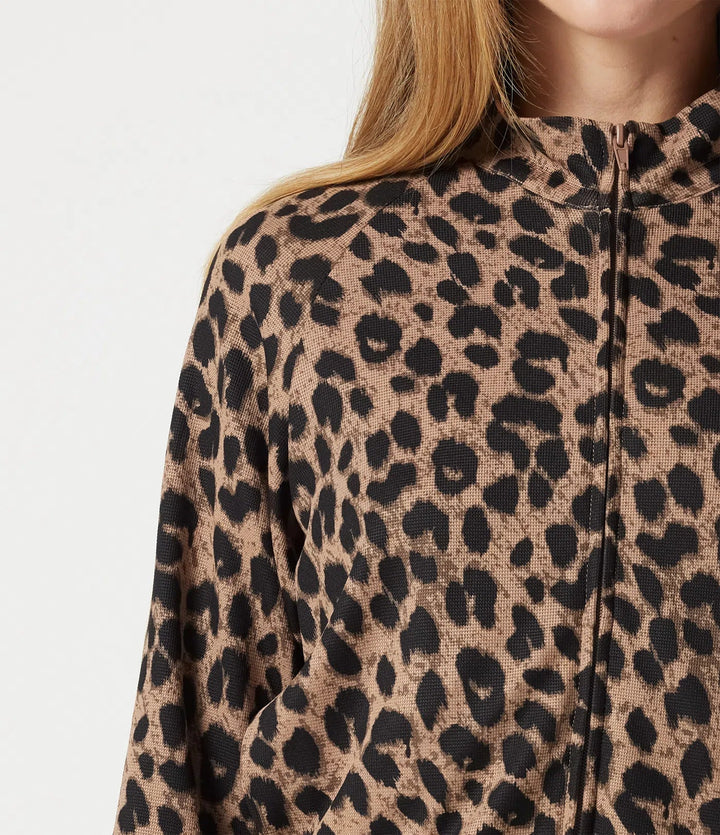 Ståkrage dragkedja långärmad färgblock leopardmönster våffelstruktur vardaglig jacka med fickor