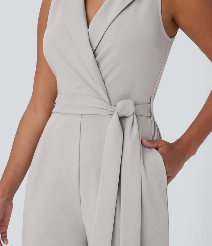 Ärmlös fickor bältad avsmalnande arbetsjumpsuit