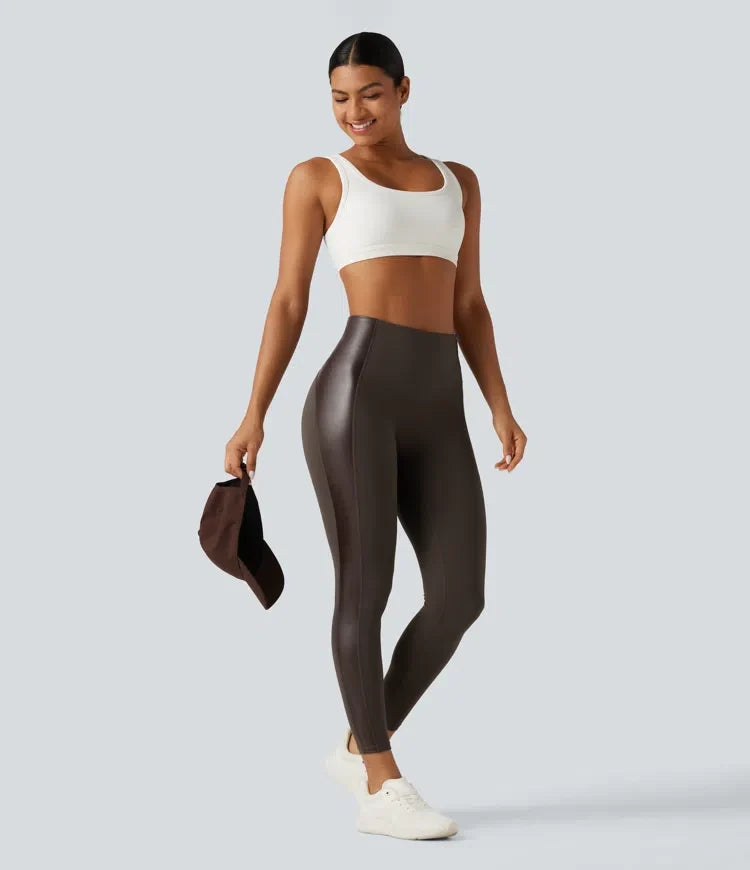 Halara UltraSculpt med hög midja stretchig PU magkontroll yogaleggings med ficka
