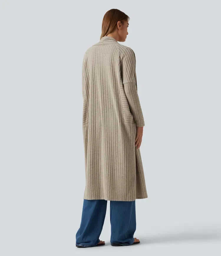 Ribbstickad lång fladdermusärm bältad vardaglig lång modell cardigan