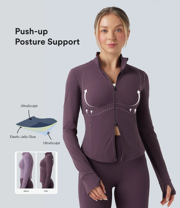 Lyckera UltraSculpt halvpolo push-upp långärmad tumhål yogajacka med fickor