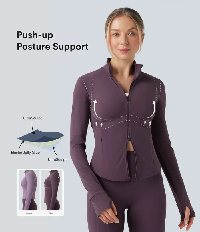 Lyckera UltraSculpt halvpolo push-upp långärmad tumhål yogajacka med fickor