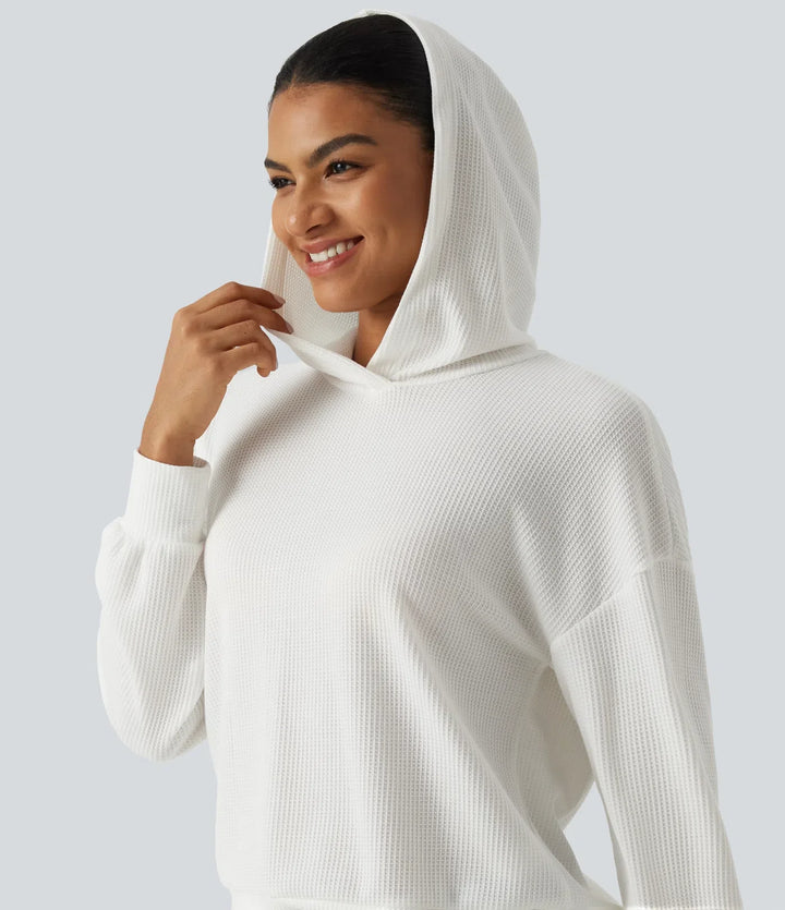 Med huva nedhasad axel långärmad våffelstruktur vardaglig sweatshirt