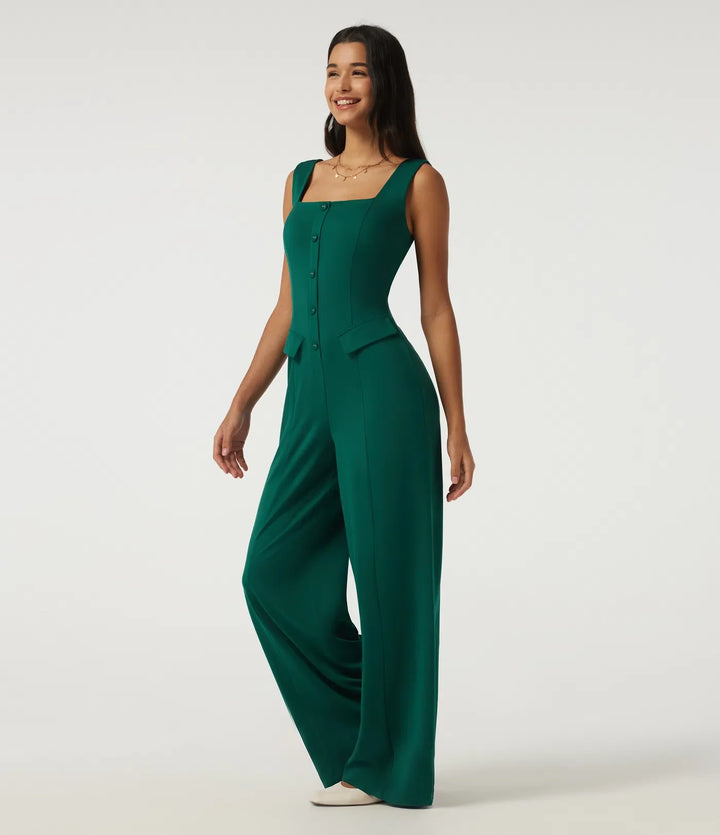 Fyrkantig halsringning ärmlös vida ben vardaglig jumpsuit med fickor-Easy Peezy Edition