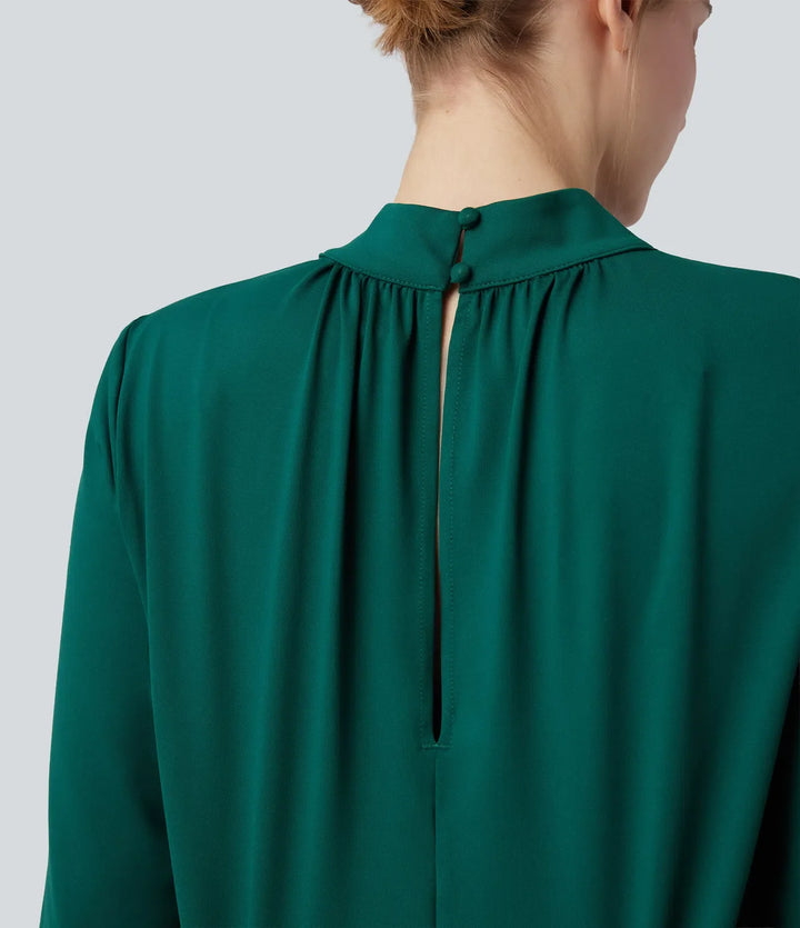 Halvpolo nyckelhålsrygg långärmad vida ben arbetsjumpsuit med fickor