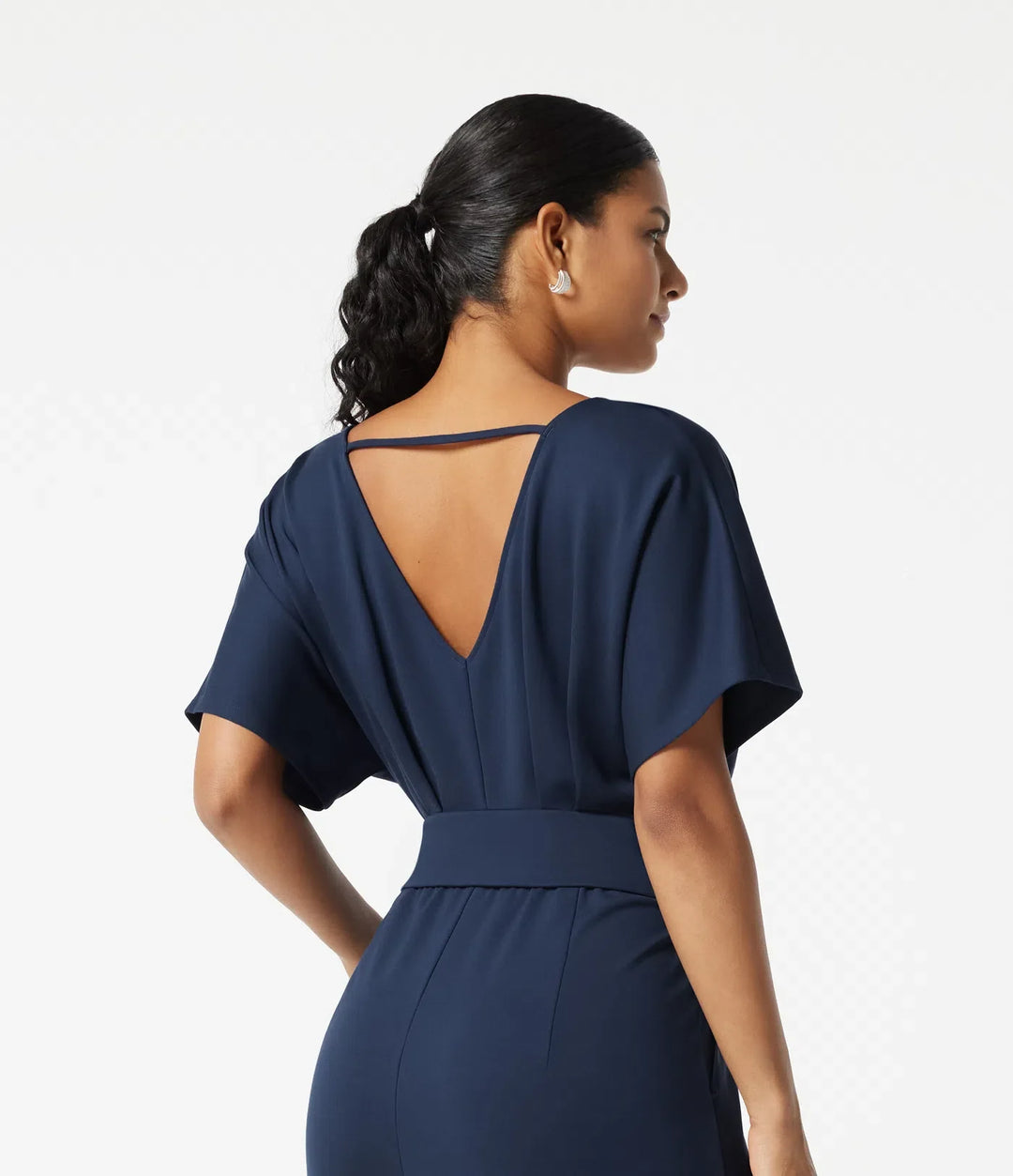 V-ringad kortärmad rynkat vida ben vardaglig jumpsuit med fickor -Easy Peezy Edition