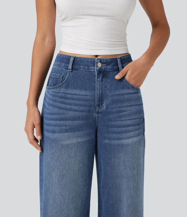 Halara Flex med hög midja baggy broderi vardagsjeans med fickor