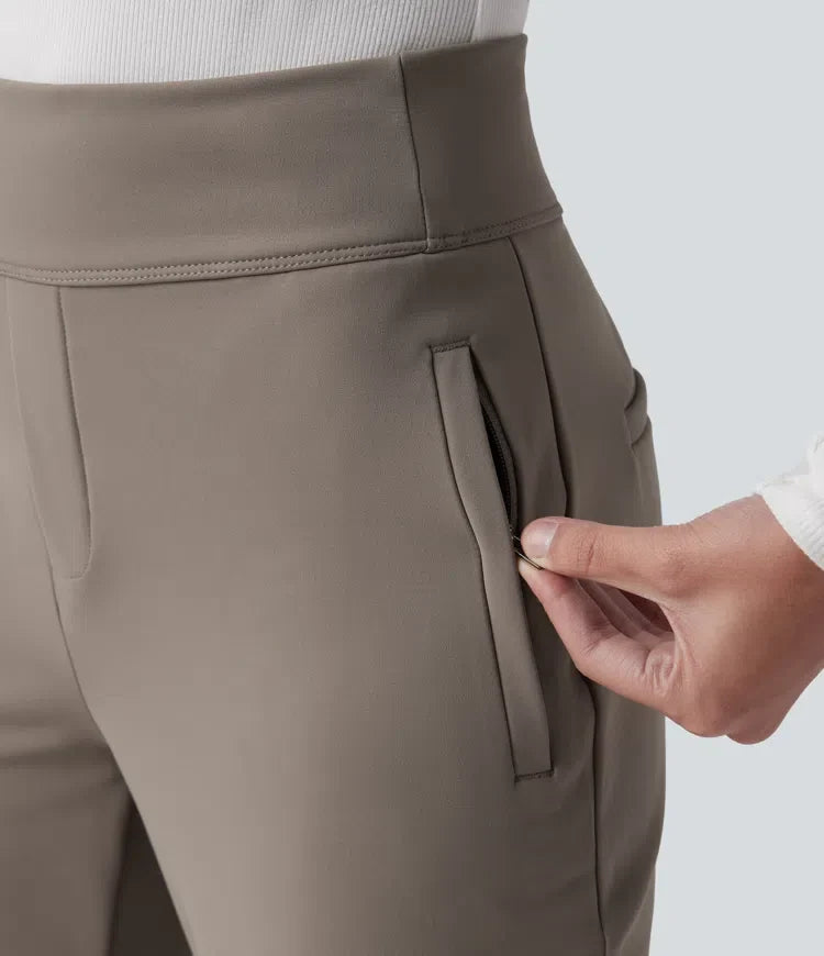 Med medelhög midja fleece för arbete utsvängd byxor med dragkedja fickor