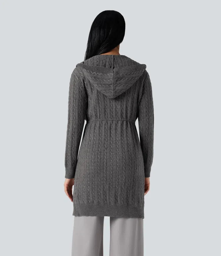 Med huva långärmad dragsko vardaglig lång modell cardigan