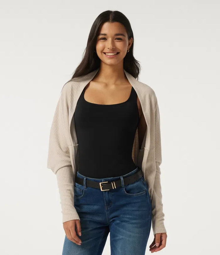 Ribbstickad lång fladdermusärm rundad fåll vardaglig cardigan