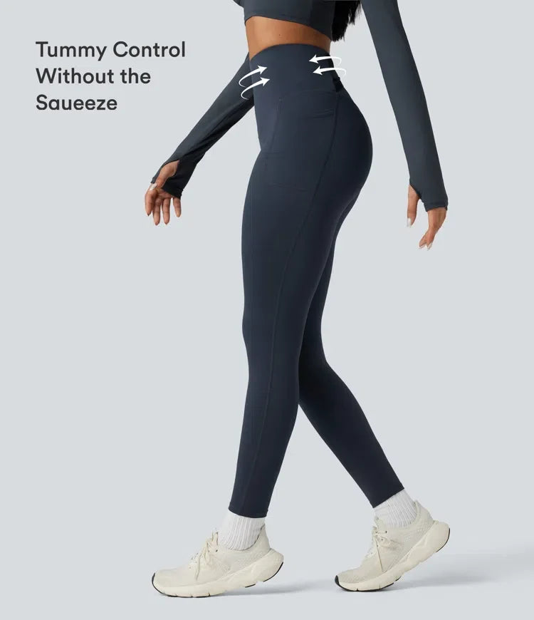 Halara Ultrasculpt Heat med hög midja och magkontroll omlott bak fleece löparleggings med fickor