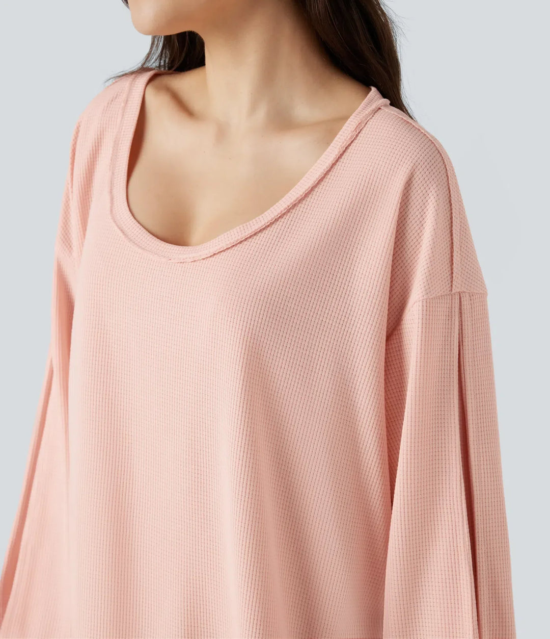 Djup rund halsringning långärmad våffelstruktur vardaglig sweatshirt