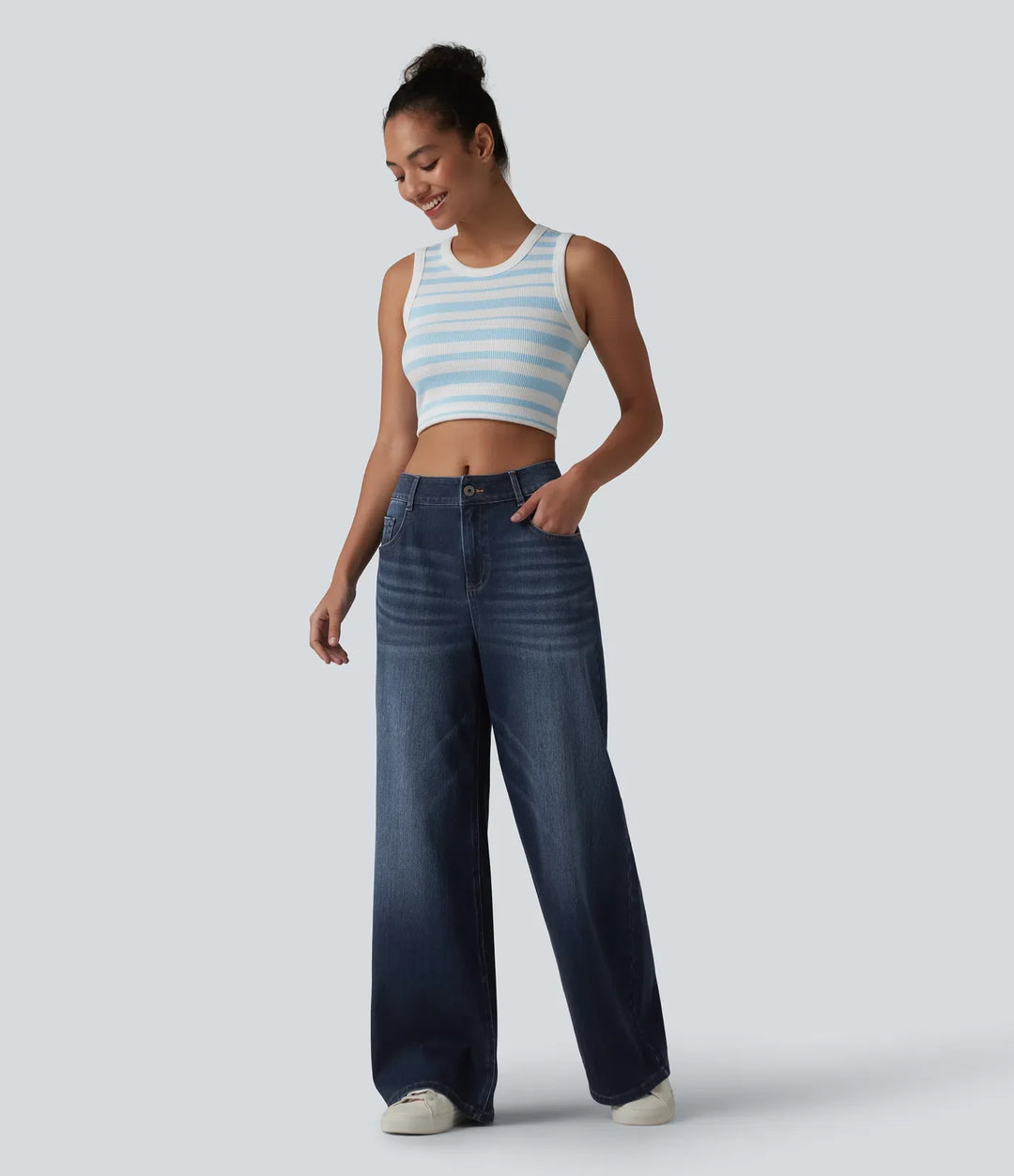 Halara Flex med medelhög midja tvättad baggy vida ben vardagsjeans med fickor