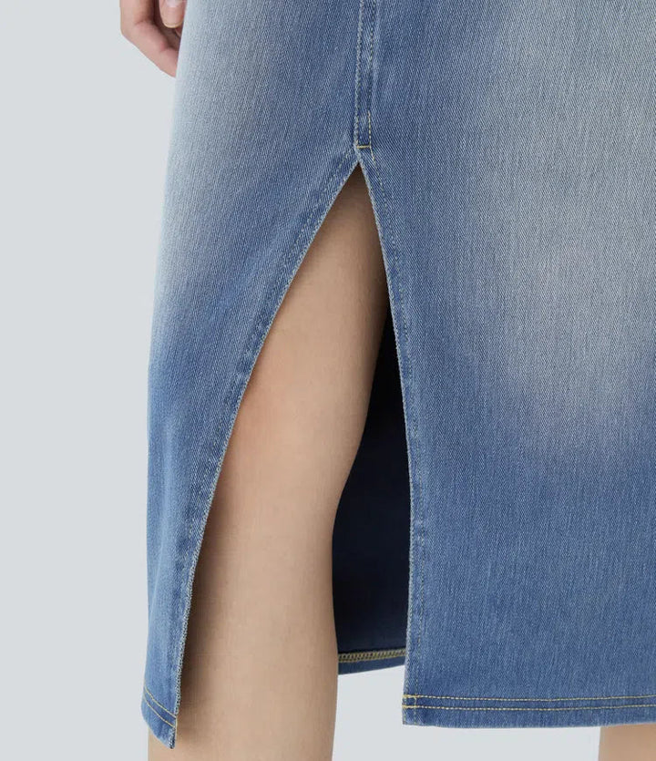Halara Flex med hög midja och fickor figurnära tvättad denim för vardag midi kjol