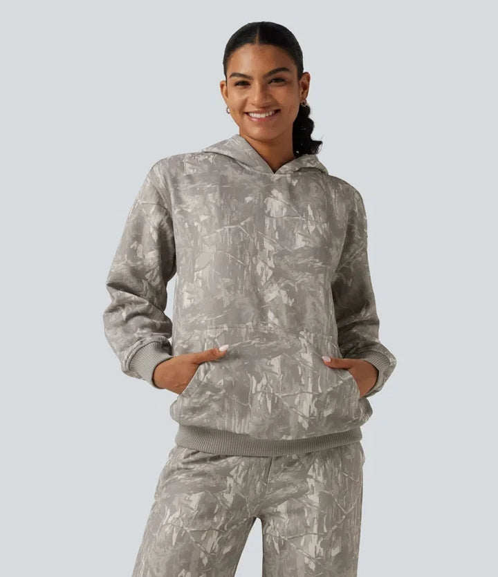 Med huva långärmad vardaglig sweatshirt med ficka