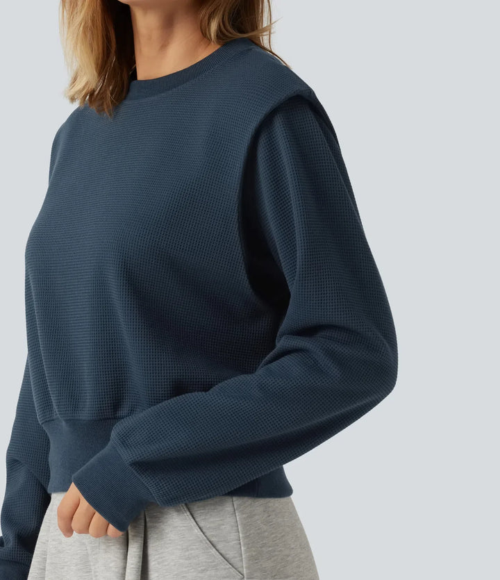 Rund hals långärmad våffelstruktur vardaglig sweatshirt