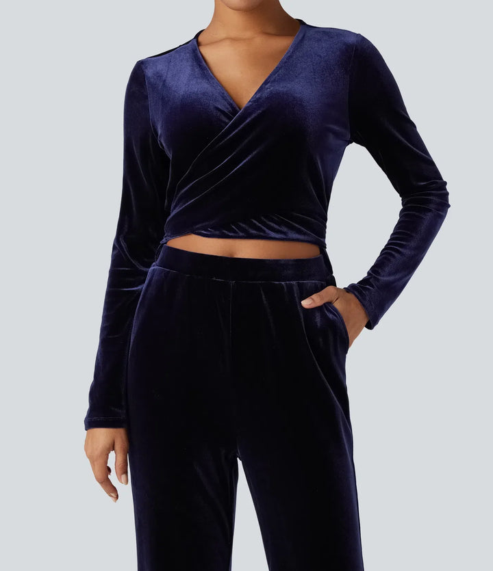 Djup V-ringning långärmad vriden knytning i ryggen sammet fest jumpsuit med fickor-Easy Peezy