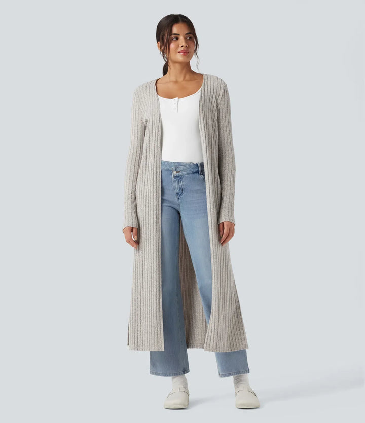 Ribbstickad långärmad slits vardaglig lång modell cardigan