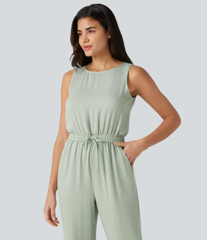 Rund hals ärmlös dragsko linnekänsla vardaglig jumpsuit med fickor