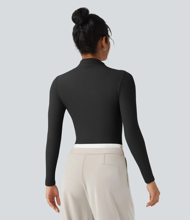 Ribbstickad hög hals skuren-ut långärmad skinny arbete kropp