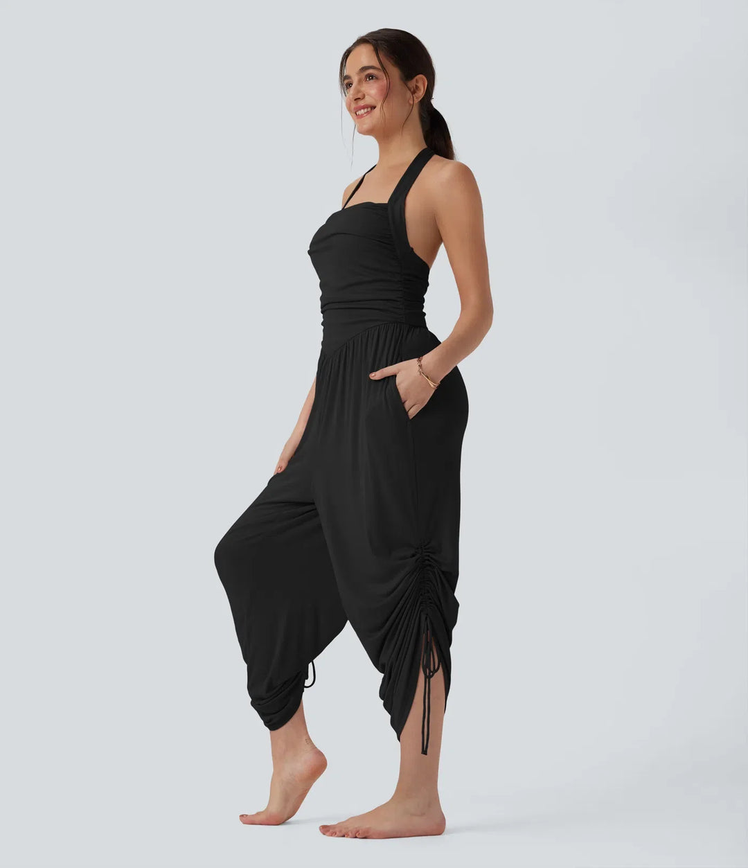 Ribbad halterneck knytning i ryggen dragsko resortjumpsuit med fickor