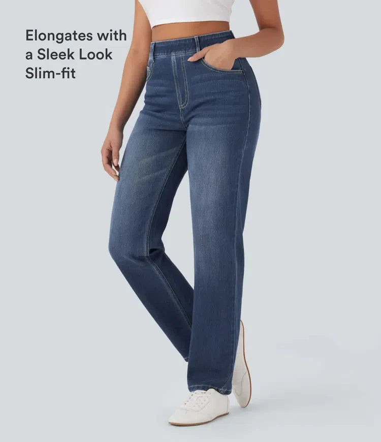Lyckera Flex högmidjad magkontroll fickor raka ben tvättad vardagsjeans