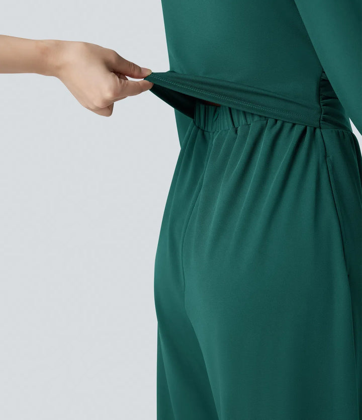 Fyrkantig halsringning långärmad arbetsjumpsuit med fickor-Easy Peezy Edition