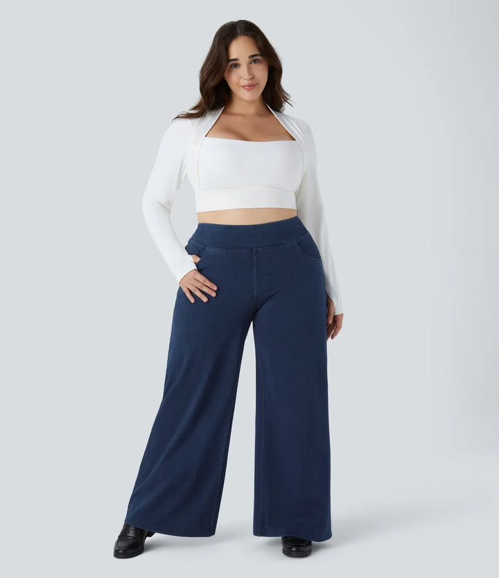 Halara Flex med hög midja och fickor baggy vida ben lös vardagsjeans i plusstorlek