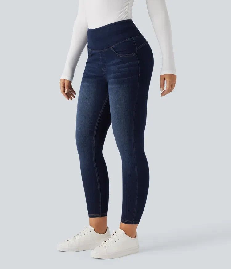 Halara Flex med hög midja och magkontroll rumplyftande denim vardagsleggings med fickor