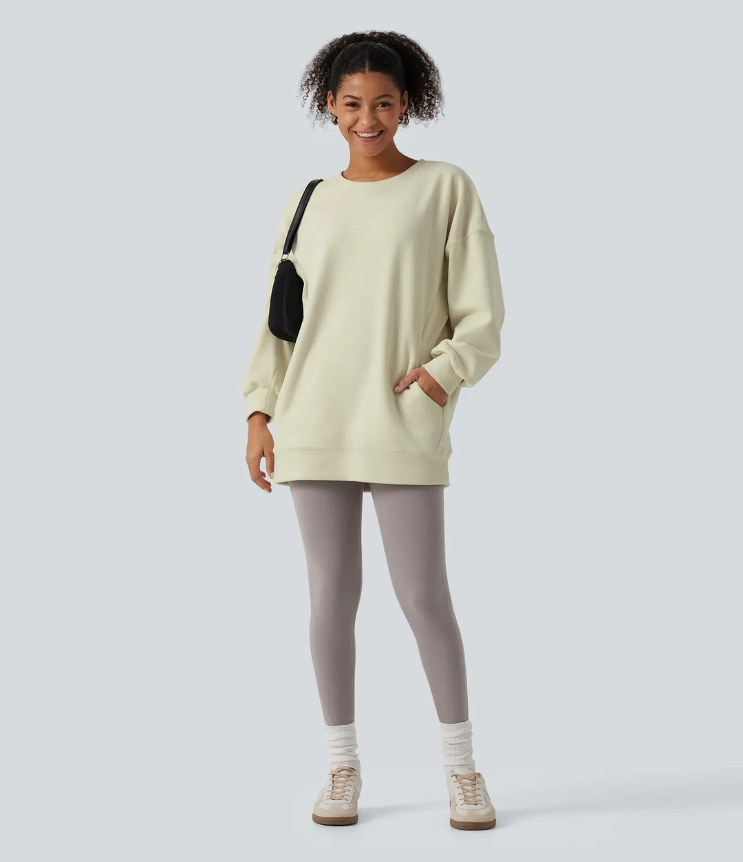 Rund hals långärmad korsad rygg fleece vardaglig sweatshirt med fickor