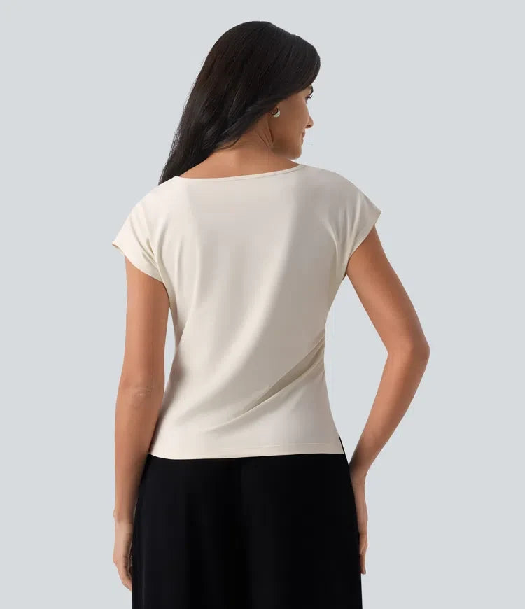 Asymmetrisk draperad halsringning kortärmad rynklad slits i nederkanten blus för arbete