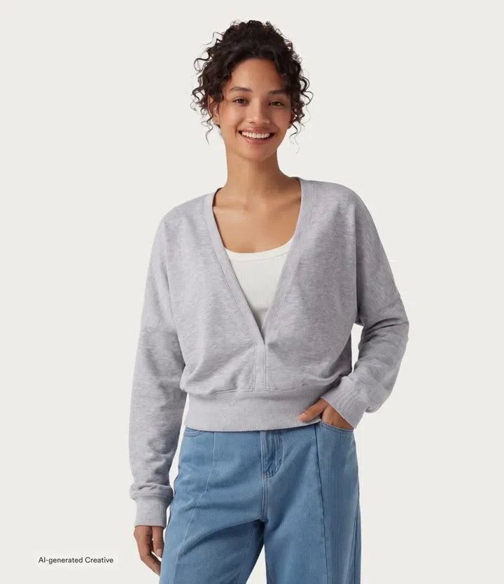 Djup V-ringad långärmad vardaglig sweatshirt