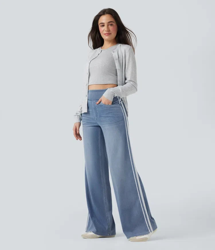 Lyckera Flex högmidjad randig vida ben fallande tvättad vardagsjeans med fickor