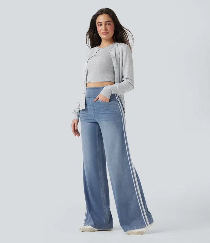 Lyckera Flex högmidjad randig vida ben fallande tvättad vardagsjeans med fickor
