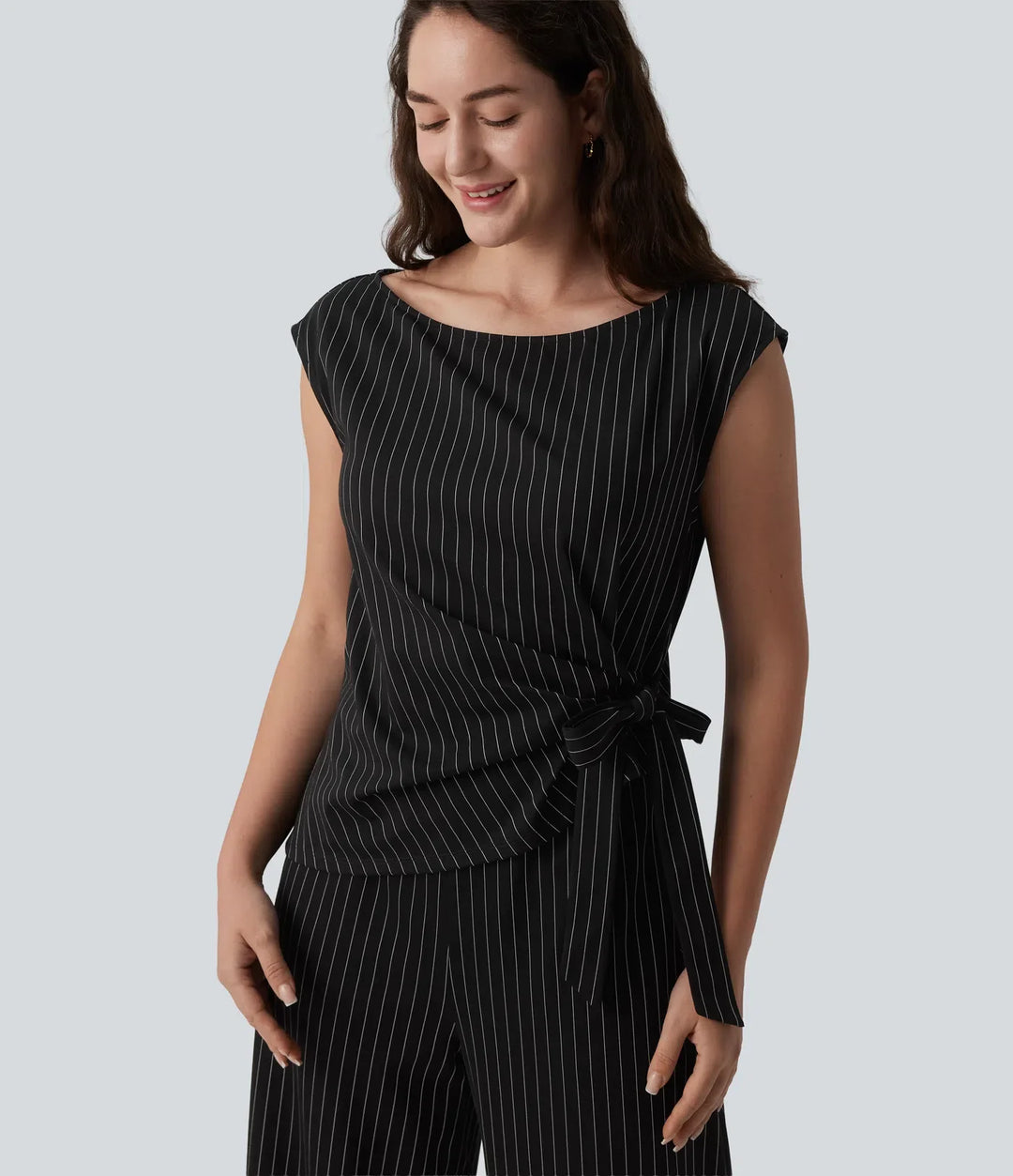 Båtringad ärmlös knytning i sidan sval känsla randig arbetsjumpsuit med fickor-Easy Peezy Edition