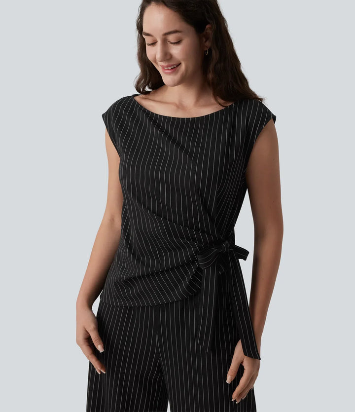 Båtringad ärmlös knytning i sidan sval känsla randig arbetsjumpsuit med fickor-Easy Peezy Edition