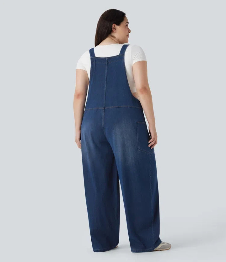 Halara Flex V-ringning tvättad denim för vardag plusstorlek hängselbyxor med fickor