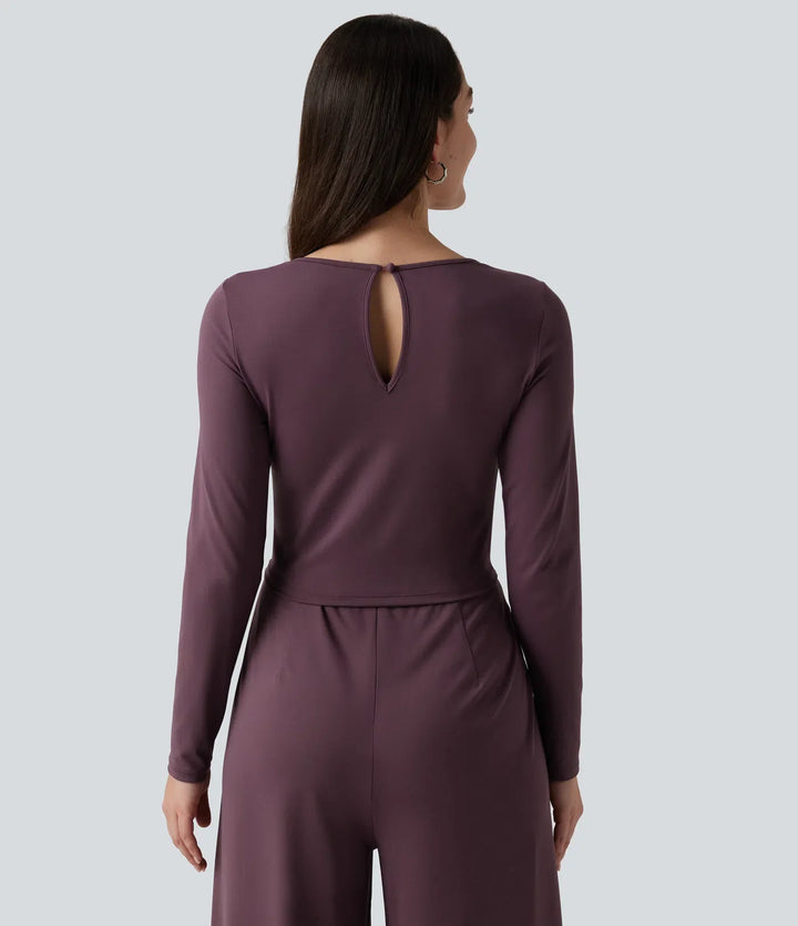 Rund hals långärmad vida ben vardaglig jumpsuit med fickor-Easy Peezy Edition