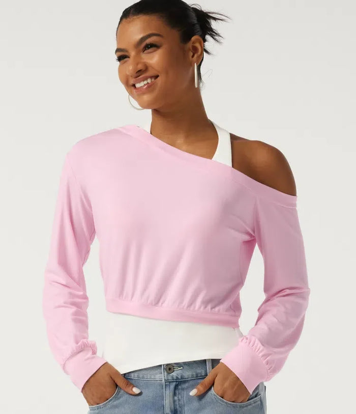 Halterneck enaxlad långärmad 2-i-1 asymmetrisk färgblock vardaglig sweatshirt