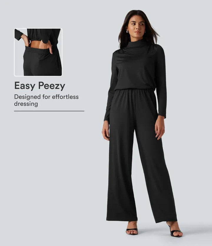 Ståkrage långärmad raka ben jumpsuit med fickor-Easy Peezy Edition