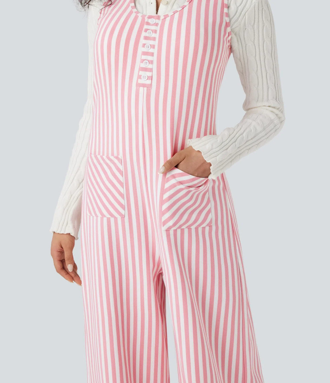U-ringad ärmlös randig våffelstruktur vardaglig jumpsuit med fickor