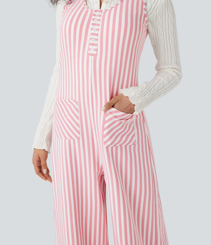 U-ringad ärmlös randig våffelstruktur vardaglig jumpsuit med fickor