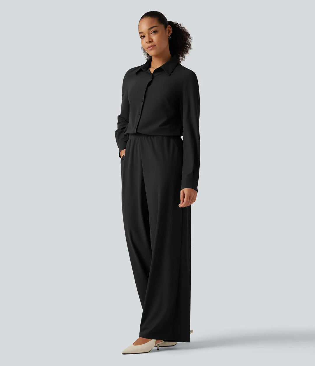 Långärmad raka ben arbetsskjorta jumpsuit med fickor-Easy Peezy Edition