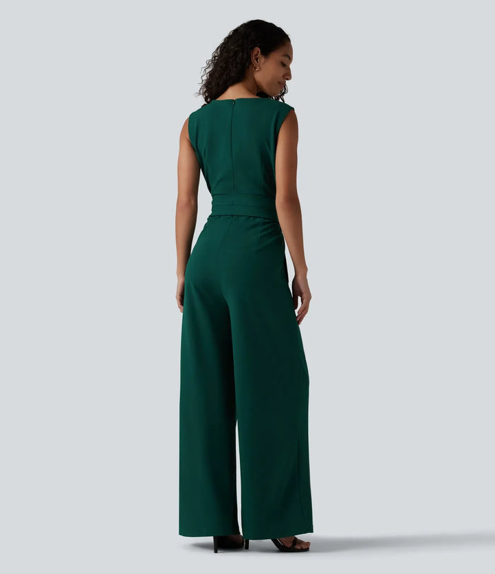Skrynkeltålig båtringad ärmlös knytning i sidan arbetsjumpsuit med fickor-Easy Peezy
